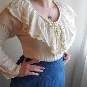 Vintage Women’s Bohemian Pirate Blouse with Layered Collar and Drawstrings 80’s